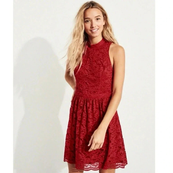 Hollister Dresses & Skirts - Hollister High-Neck Red Lace Dress, Sz XS, Fully Lined